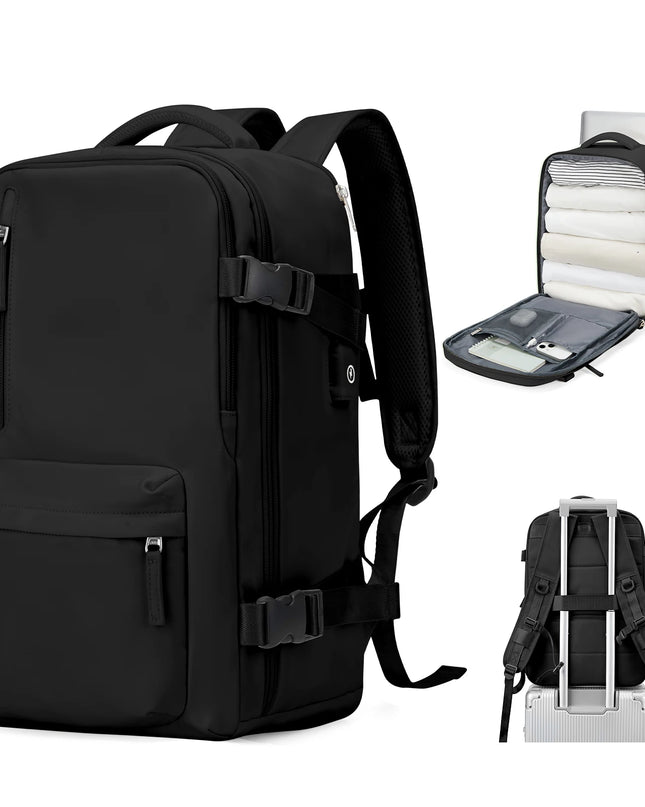 Handgepäck Rucksack Damen in Schwarz, Frontansicht, leer, auf hellem Hintergrund, mit Reißverschluss.