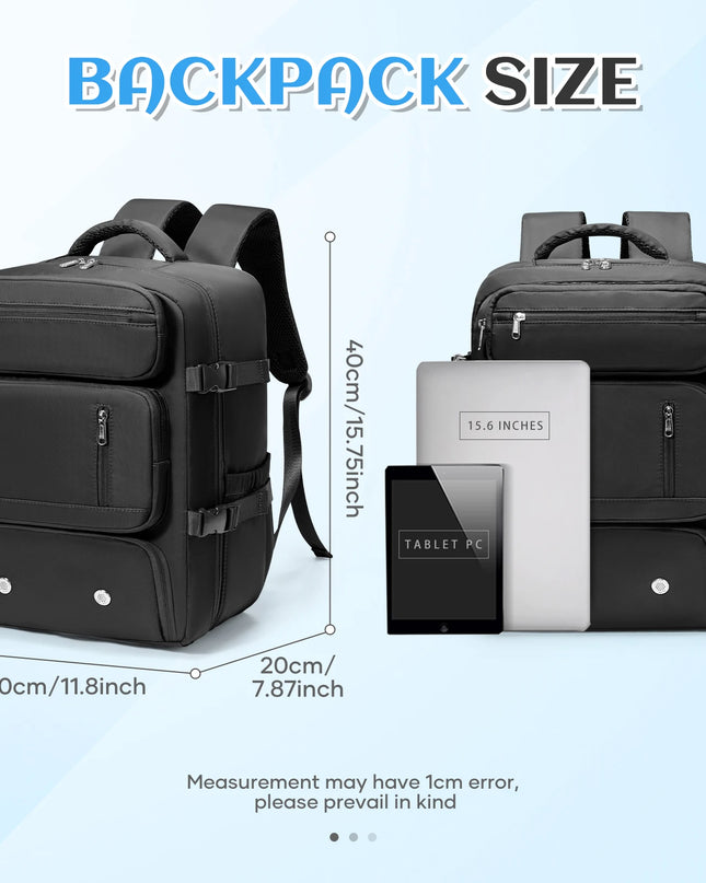 Handgepäck Rucksack Schwarz, ein leichter Reisebegleiter für Damen und Herren, stehend vor hellem Hintergrund