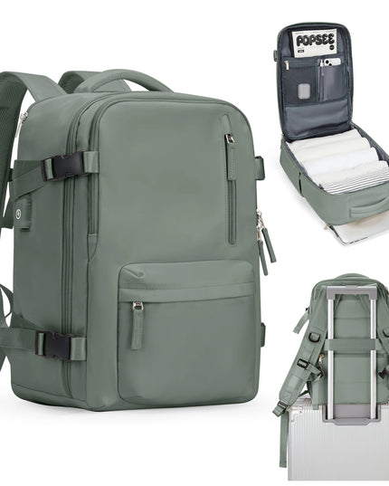 Olivgrüner Handgepäck Rucksack für Damen mit bogenförmigen Schultergurten und Fronttasche, bereit für die Reise.