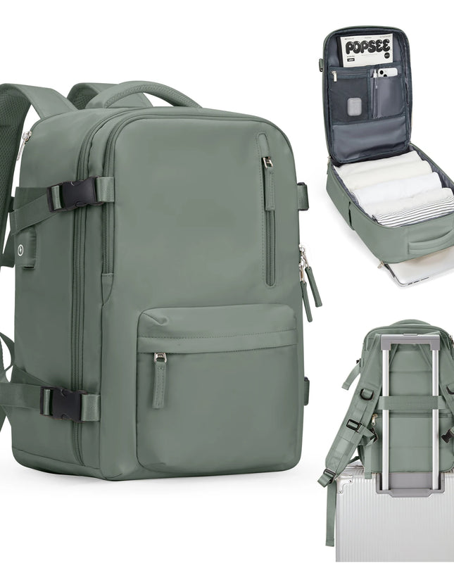 Olivgrüner Handgepäck Rucksack für Damen mit bogenförmigen Schultergurten und Fronttasche, bereit für die Reise.