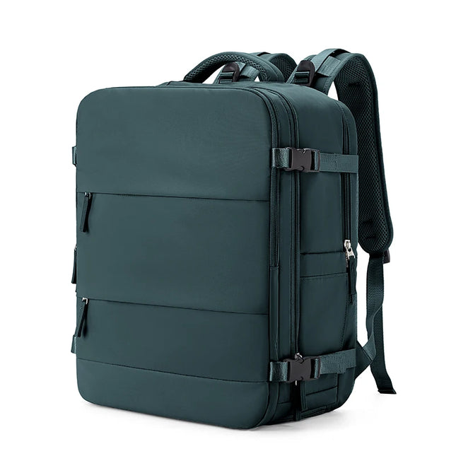 Handgepäck Rucksack in der Farbe Petrol, geöffnet mit Laptop und Kleidung