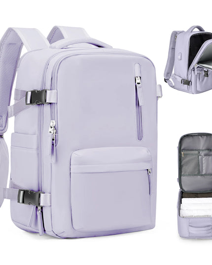 Lila Handgepäck Rucksack für Damen mit Reißverschluss und weichen Schultergurten, ideal für Flugreisen.