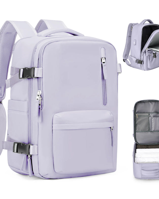 Lila Handgepäck Rucksack für Damen mit Reißverschluss und weichen Schultergurten, ideal für Flugreisen.
