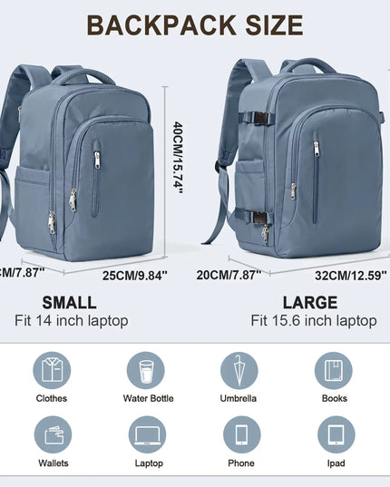 Handgepäck Rucksack in Dunkelblau, geöffnet mit Laptopfach und verschiedenen Fächern für Reisen