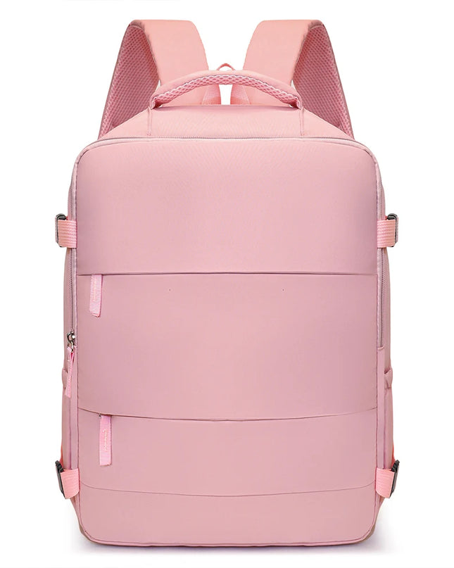 Pinker Handgepäck Rucksack für Damen, kompakt und leicht, perfekt für Flugreisen und Kurztrips.