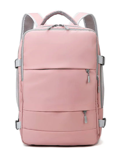 Pinker Handgepäck Rucksack 40 Liter mit Laptopfach und Schuhfach, geöffnet und geschlossen, vor hellem Hintergrund.