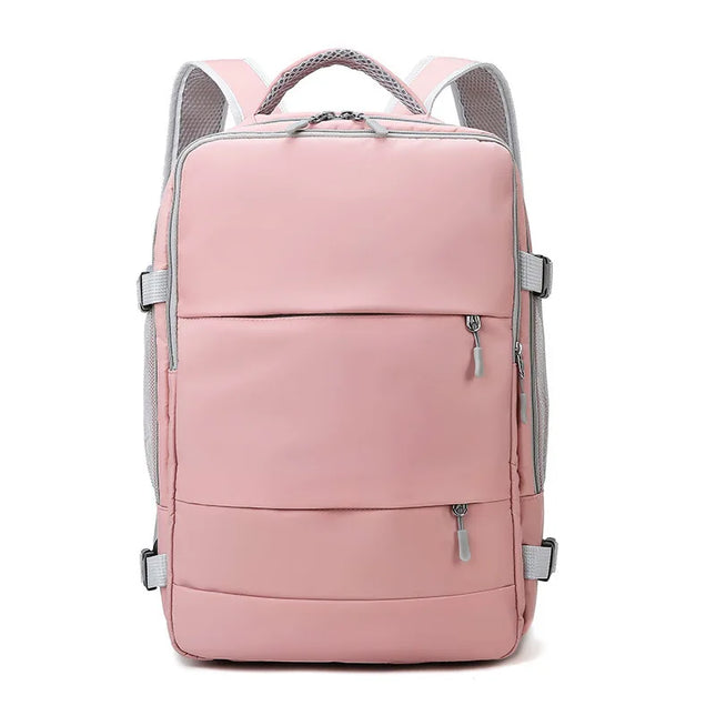 Pinker Handgepäck Rucksack 40 Liter mit Laptopfach und Schuhfach, geöffnet und geschlossen, vor hellem Hintergrund.