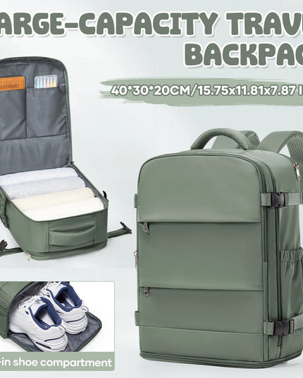Grüner Handgepäck Rucksack mit Reißverschluss und weichen Trägern, ideal für Reisen und als Handgepäck.