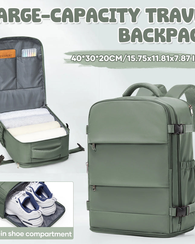 Grüner Handgepäck Rucksack mit Reißverschluss und weichen Trägern, ideal für Reisen und als Handgepäck.