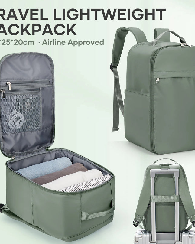 Grüner Handgepäck Rucksack für Ryanair mit 20-35 Litern Fassungsvermögen, bereit für deine nächste Reise.