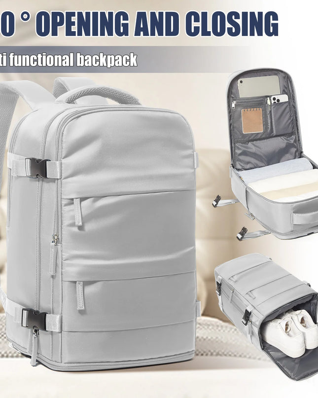 Grauer Handgepäck Rucksack für Reisen, der Flexibilität und Komfort optimal verbindet