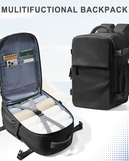 Schwarzer Handgepäck Rucksack mit vielen Fächern und Laptopfach