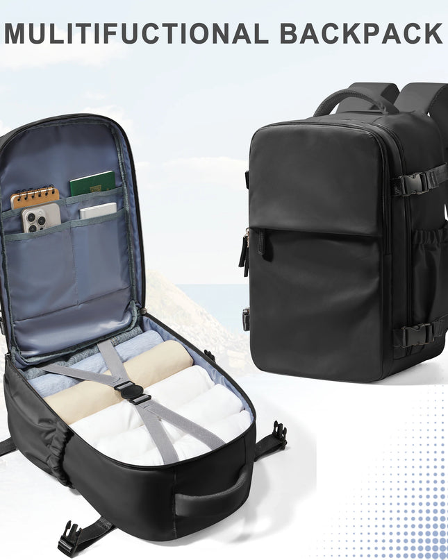 Schwarzer Handgepäck Rucksack mit vielen Fächern und Laptopfach