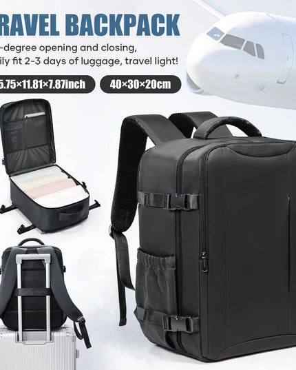 Schwarzer Handgepäck Rucksack, faltbar und erweiterbar, mit Laptopfach und bequemen Tragesystem
