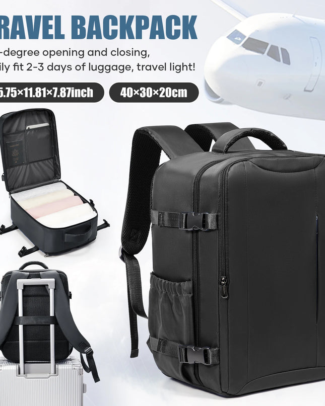 Schwarzer Handgepäck Rucksack, faltbar und erweiterbar, mit Laptopfach und bequemen Tragesystem