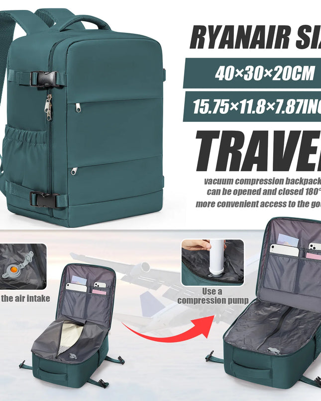 Handgepäck Rucksack in Petrol, 20-35L Volumen, bereit für die nächste Reise mit durchdachten Fächern.