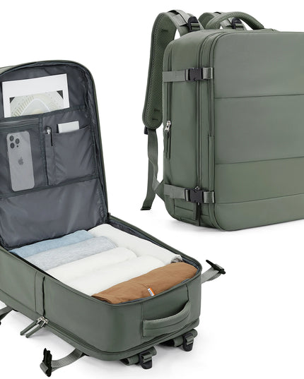 Grüner Handgepäck Rucksack für Damen und Herren, kompakter Reisebegleiter mit vielen Fächern und Laptopfach