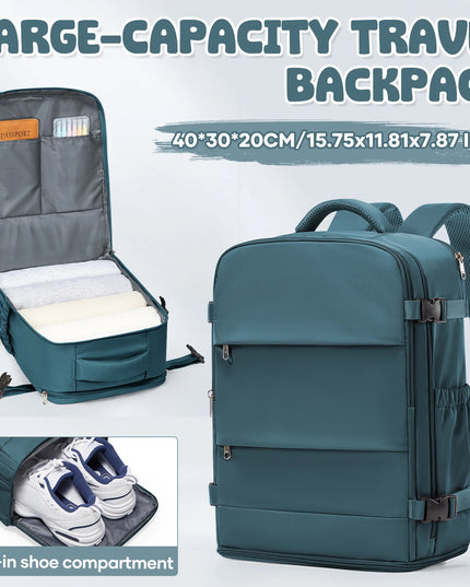 Flexibler Handgepäck Rucksack in stilvollem Petrol, mit Reißverschluss und weichem Tragegriff, auf Reisen