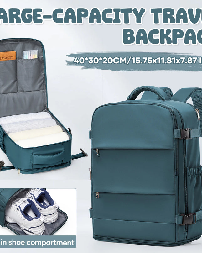Flexibler Handgepäck Rucksack in stilvollem Petrol, mit Reißverschluss und weichem Tragegriff, auf Reisen