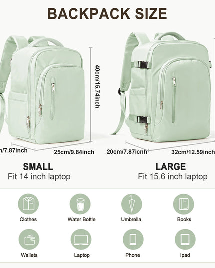 Hellgrüner Handgepäck Rucksack mit vielen Fächern und Laptopfach, ideal für Reisen und Kurzflüge.