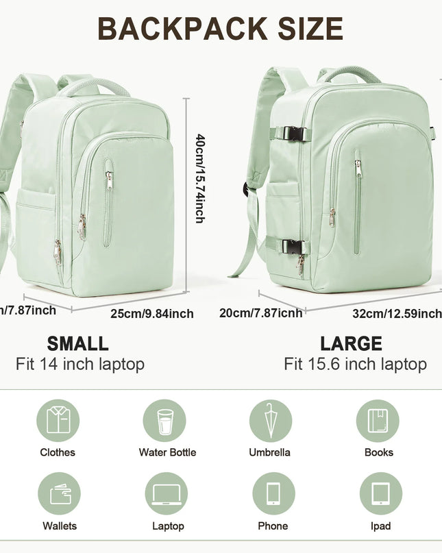 Hellgrüner Handgepäck Rucksack mit vielen Fächern und Laptopfach, ideal für Reisen und Kurzflüge.