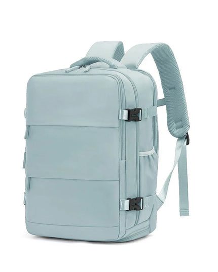 Hellblauer Handgepäck Rucksack 40x30x20 cm, geöffnet, mit Blick in das Hauptfach und Reißverschluss