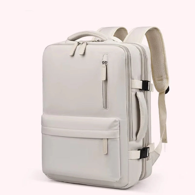 Handgepäck Rucksack Damen in Beige, ideal für Reisen mit viel Stauraum und Laptopfach.