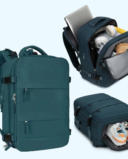 Reise Rucksack 20-35L Handgepäck in Petrol, geöffnet mit verschiedenen Fächern