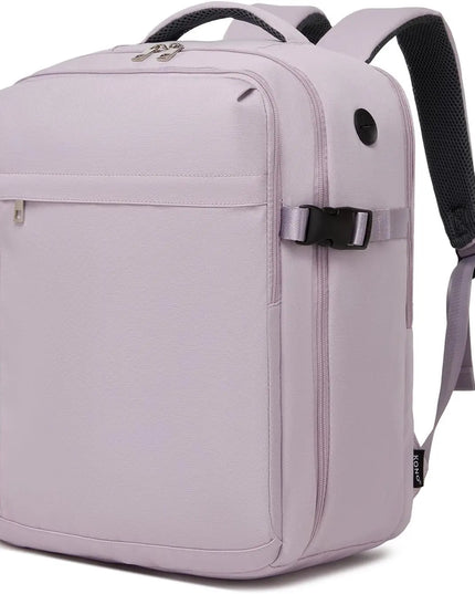 Lila Handgepäck Rucksack 24L für Eurowings Flüge, auf einem Flughafen-Trolley liegend.