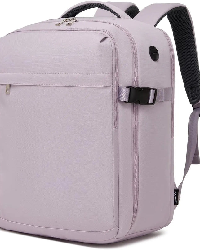 Lila Handgepäck Rucksack 24L für Eurowings Flüge, auf einem Flughafen-Trolley liegend.