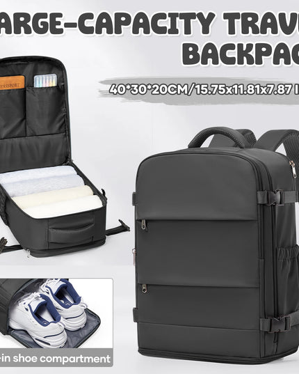 Schwarzer Handgepäck Rucksack mit viel Stauraum und praktischen Fächern, ideal für Reisen und Kurzaufenthalte