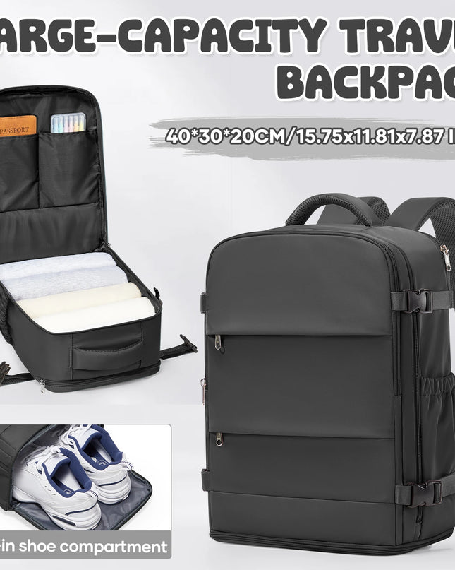 Schwarzer Handgepäck Rucksack mit viel Stauraum und praktischen Fächern, ideal für Reisen und Kurzaufenthalte