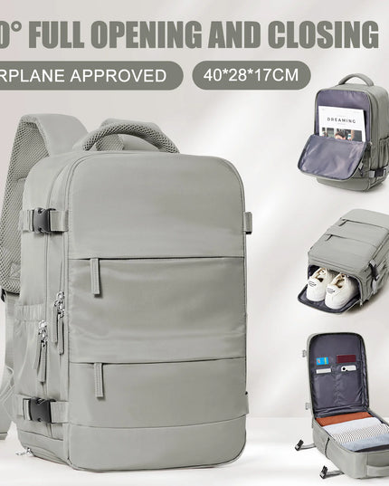 Grauer Handgepäck Rucksack, flexibel und praktisch für Reisen mit viel Stauraum.