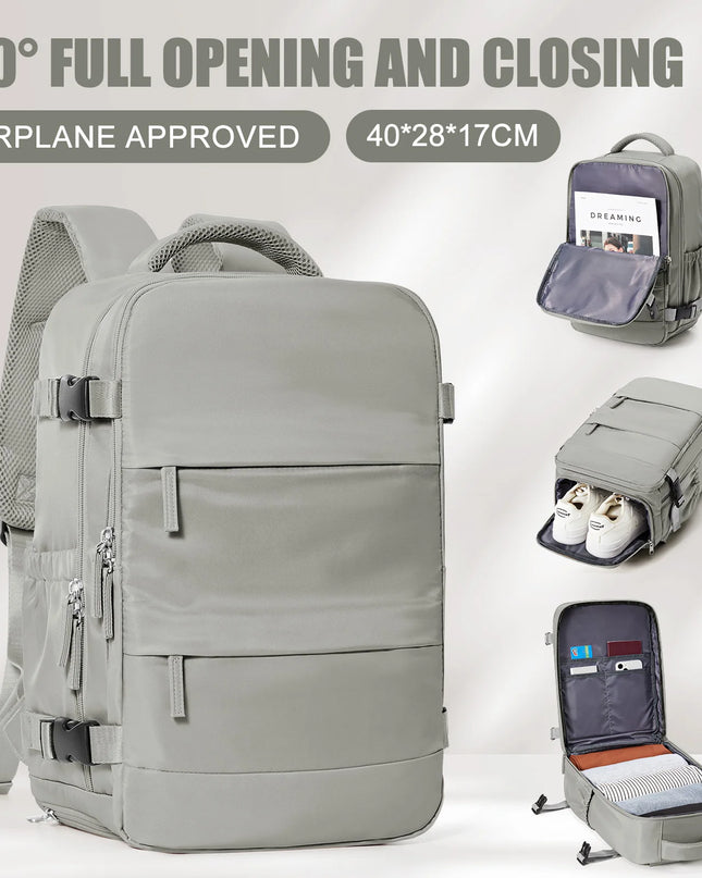 Grauer Handgepäck Rucksack, flexibel und praktisch für Reisen mit viel Stauraum.