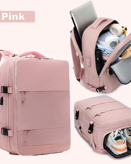 Pinker Reise Rucksack 20-35L mit vielen Fächern, geeignet als Handgepäck für Damen und Herren.