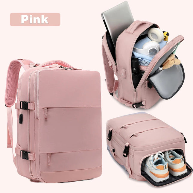 Pinker Reise Rucksack 20-35L mit vielen Fächern, geeignet als Handgepäck für Damen und Herren.