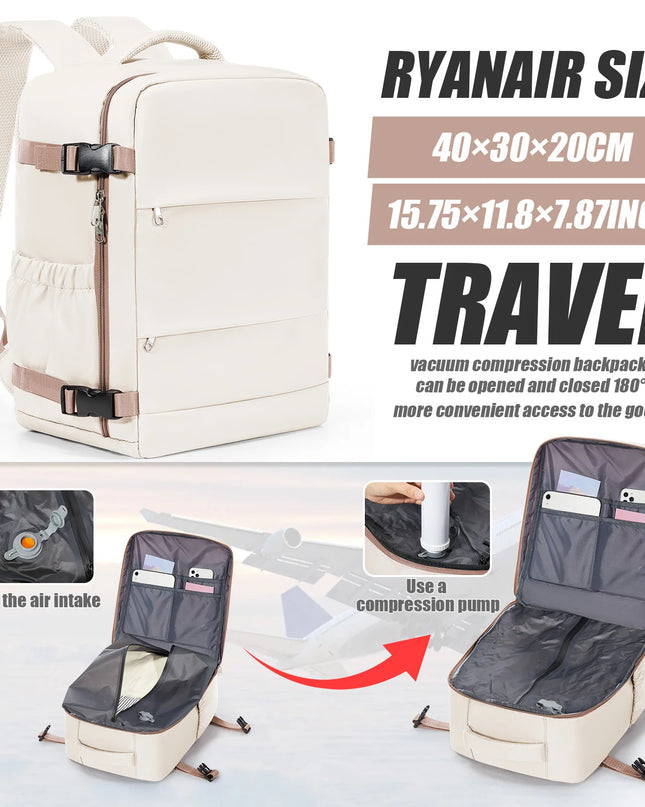 Beiger Handgepäck Rucksack mit 20-35 Liter Volumen, bereit für die nächste Reise.