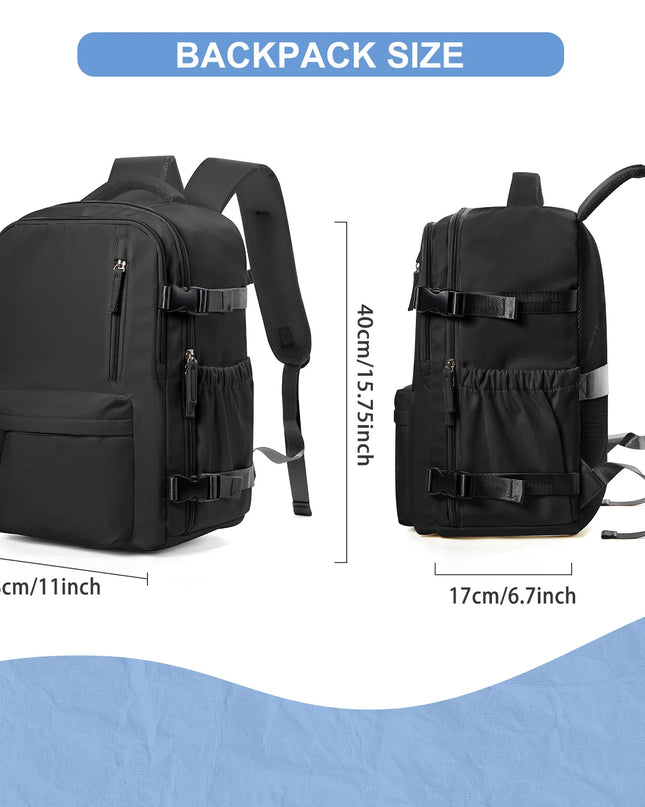Handgepäck Rucksack in Schwarz mit Reißverschluss und mehreren Fächern, bereit für die nächste Reise.