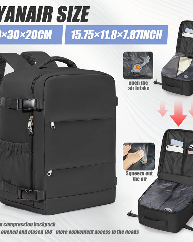 Handgepäck Rucksack in elegantem Schwarz mit 20-35 Litern Fassungsvermögen für Reisen.