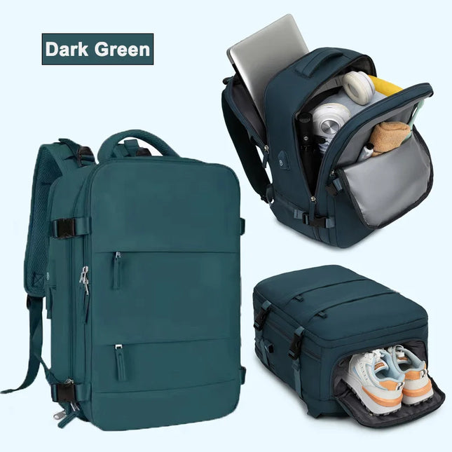 Grüner Handgepäck Rucksack 20-35L für Flugreisen, mit Laptop- und Schuhfach, von vorne und seitlich