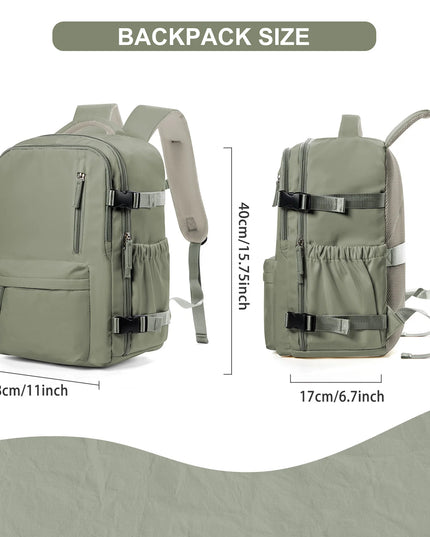 Handgepäck Rucksack in Olivgrün, offen mit Laptopfach und mehreren Innenfächern, auf einer Reise