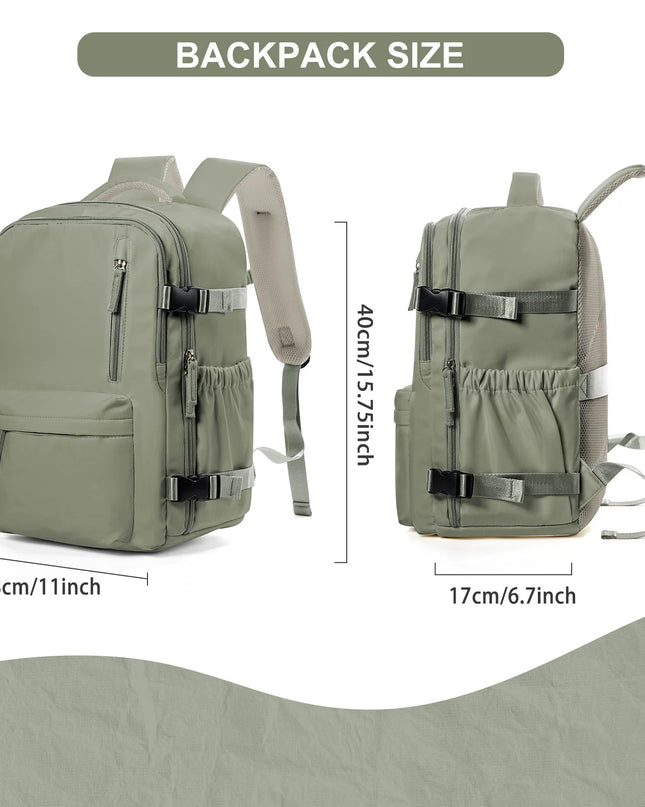 Handgepäck Rucksack in Olivgrün, offen mit Laptopfach und mehreren Innenfächern, auf einer Reise