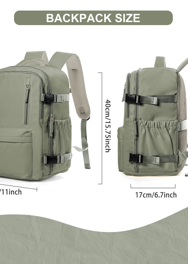 Handgepäck Rucksack in Olivgrün, offen mit Laptopfach und mehreren Innenfächern, auf einer Reise