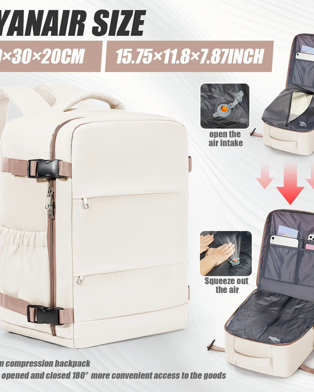 Beiger Handgepäck Rucksack 20-35L mit Air Cushion Belt Tragesystem, auf einem Flughafenboden stehend.