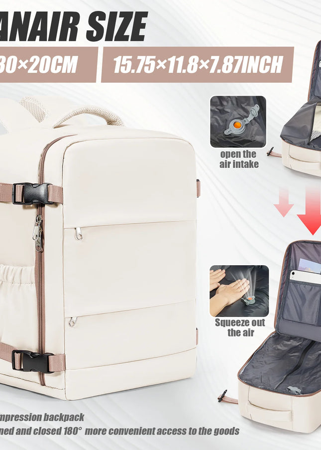 Beiger Handgepäck Rucksack 20-35L mit Air Cushion Belt Tragesystem, auf einem Flughafenboden stehend.