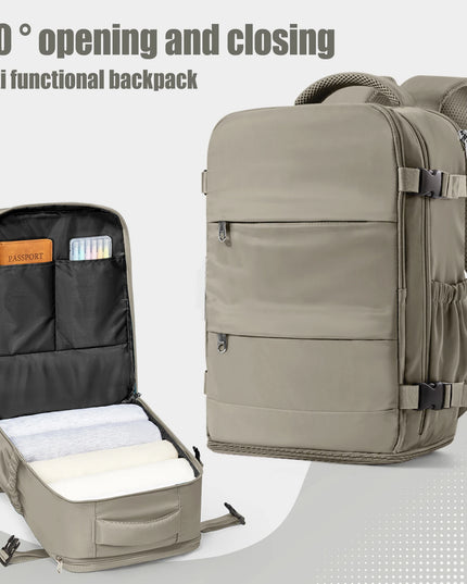 Graubrauner Handgepäck Rucksack 20-35L für Reisen, mit Laptopfach und Fächern