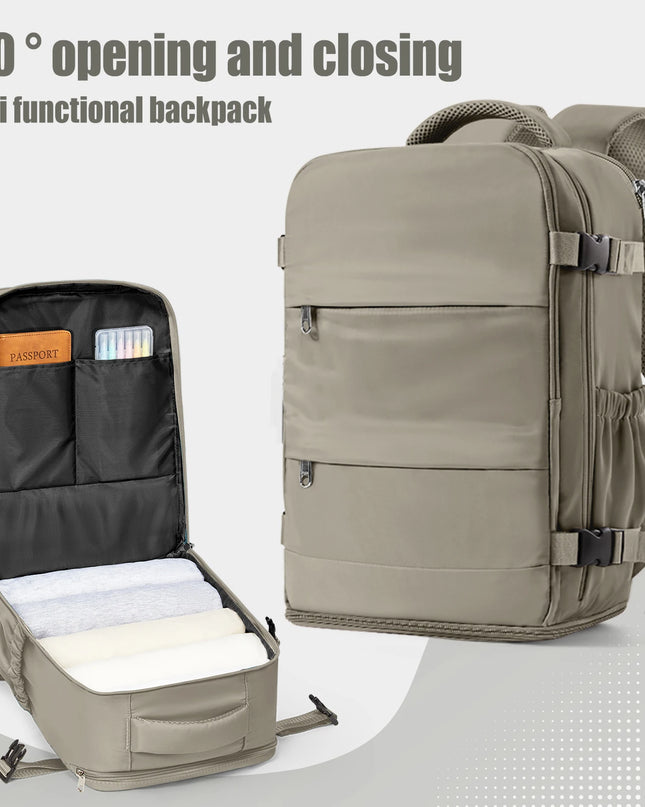 Graubrauner Handgepäck Rucksack 20-35L für Reisen, mit Laptopfach und Fächern