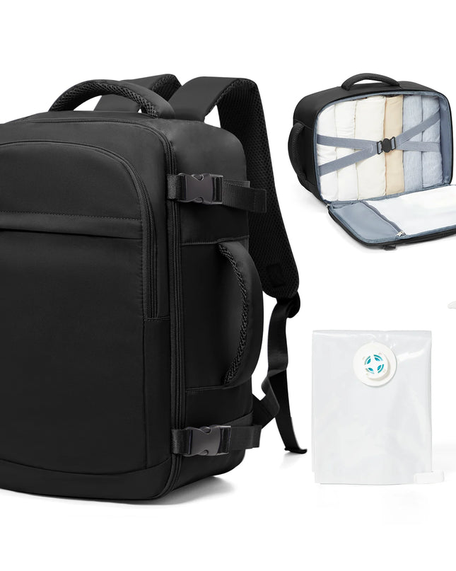 Kompakter schwarzer Handgepäck Rucksack mit praktischen Fächern und weichem Tragegriff, ideal für Reisen.