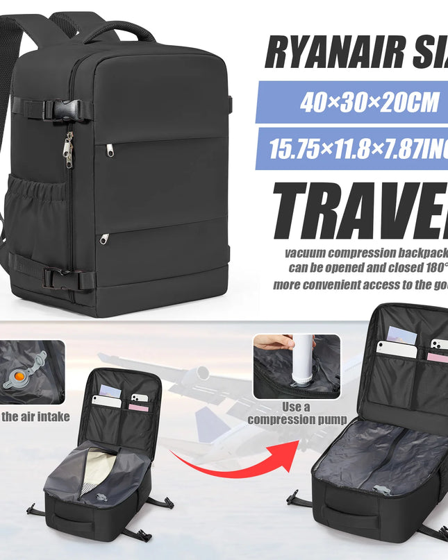 Schwarzer Handgepäck Rucksack 20-35L für Reisen, von vorne und seitlich Ansicht