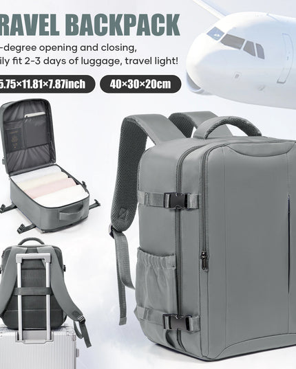 Grauer Handgepäck Rucksack, faltbar und erweiterbar, mit Laptopfach und Tragegriff